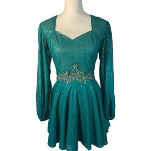 Vintage Handmade Teal Green Handmade Dance Dress 1980s Beaded Detail